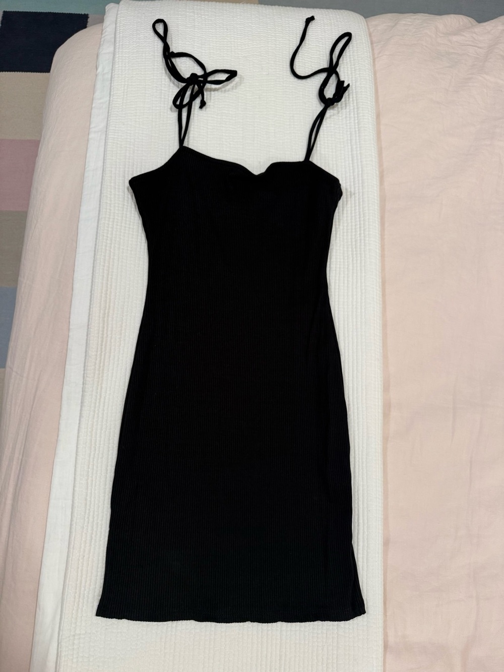 Urban Outfitters Black Ribbed Tie-Shoulder Mini Dress, Size S